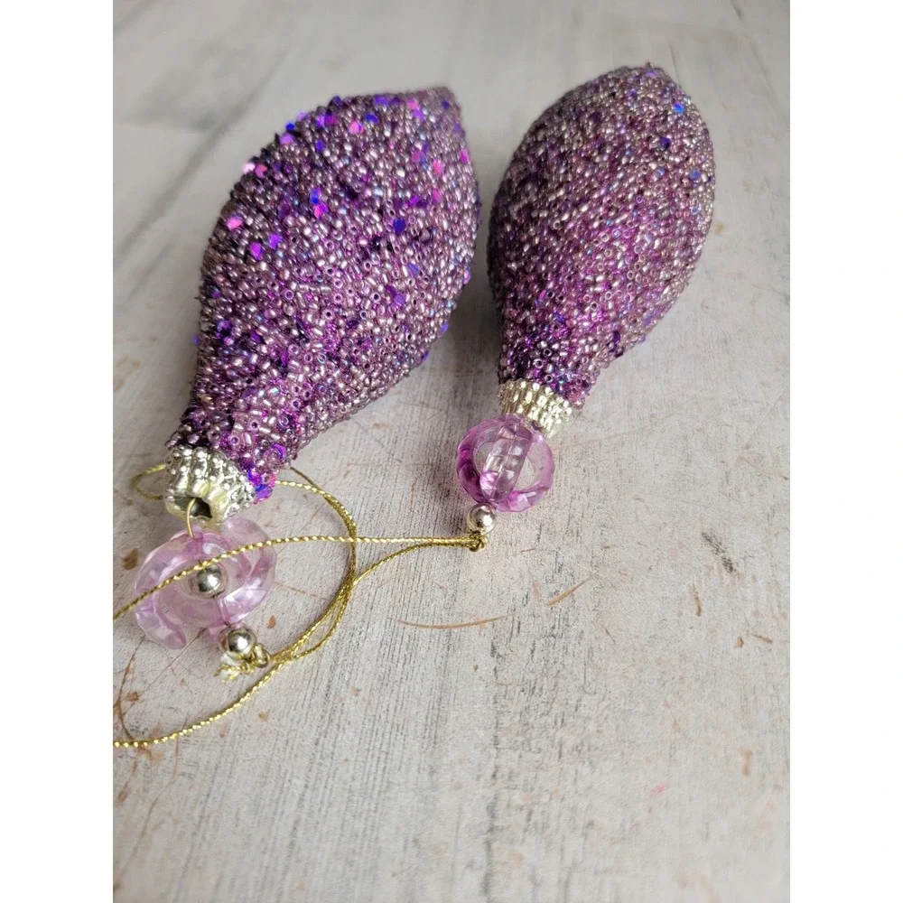 Abstract purple beaded sequin glitter ornament Xmas vintage set unique Home